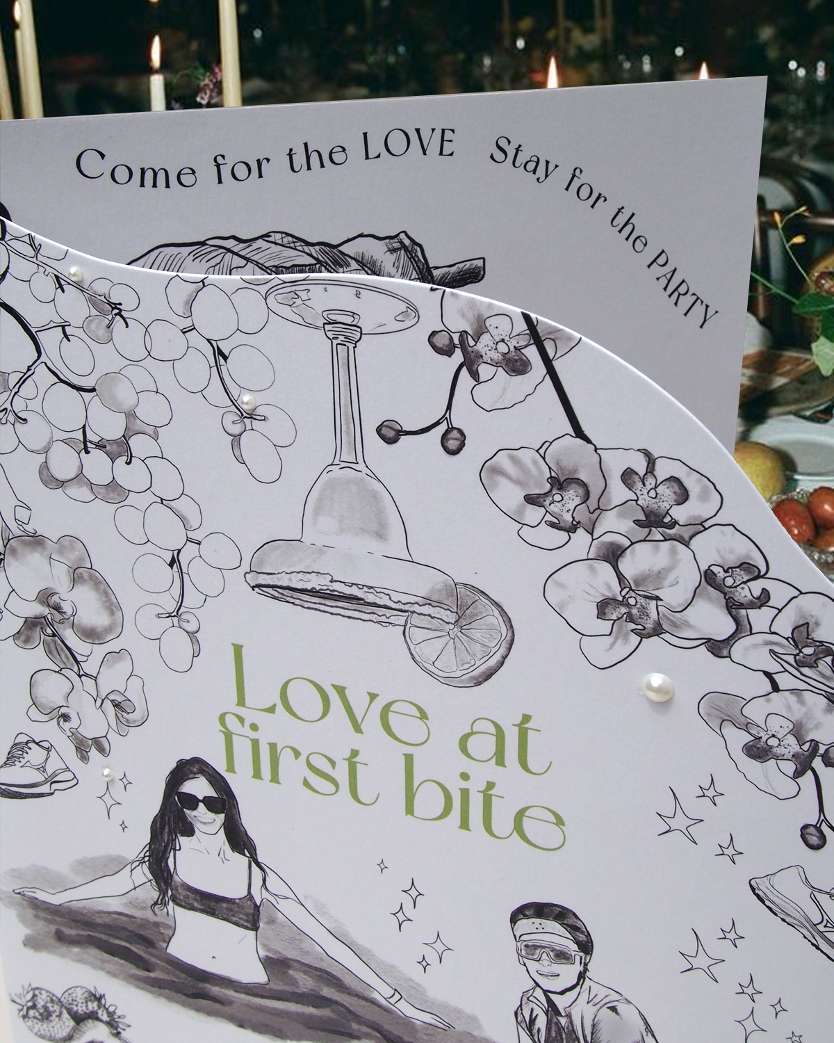 Grouping of wedding menus showcasing different guest names for a cohesive table look