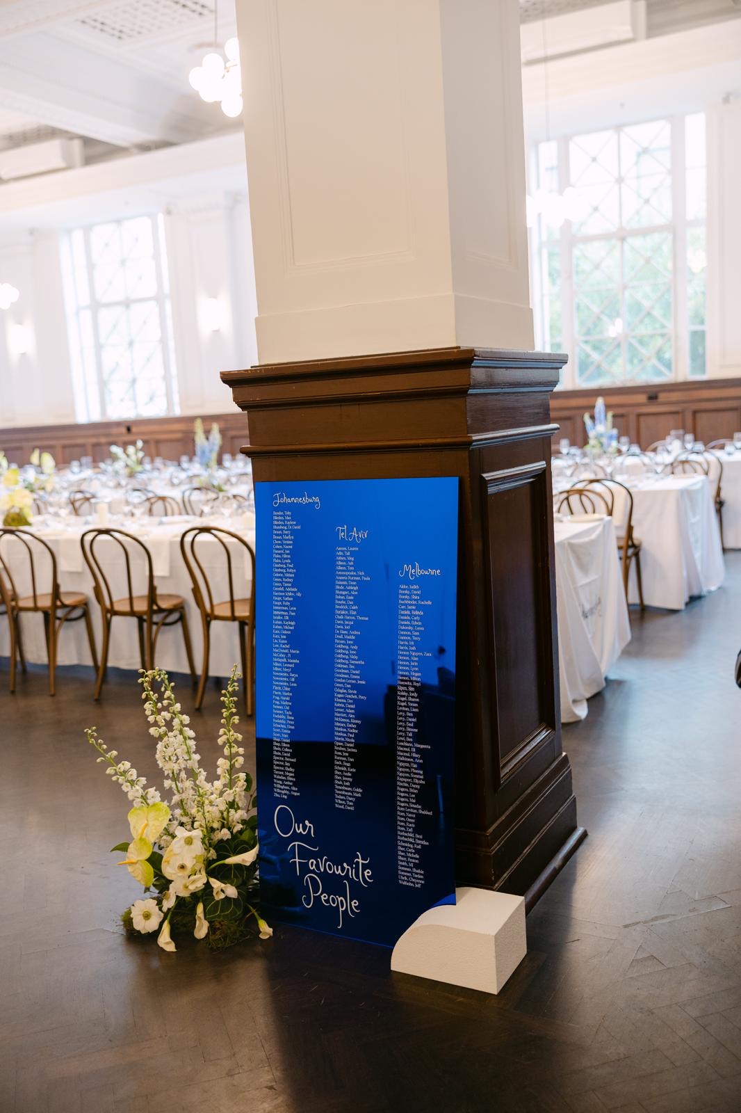 A beautiful blue seating list helps the guest to locate their place