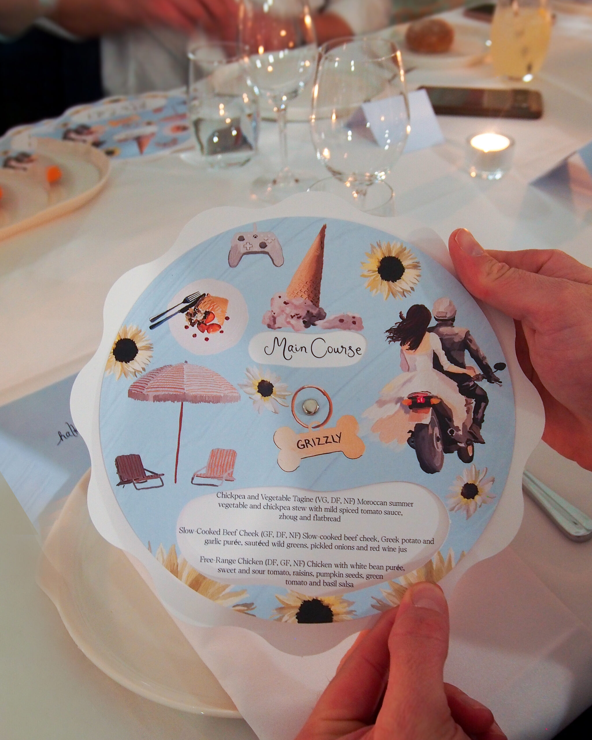A light blue wedding menu