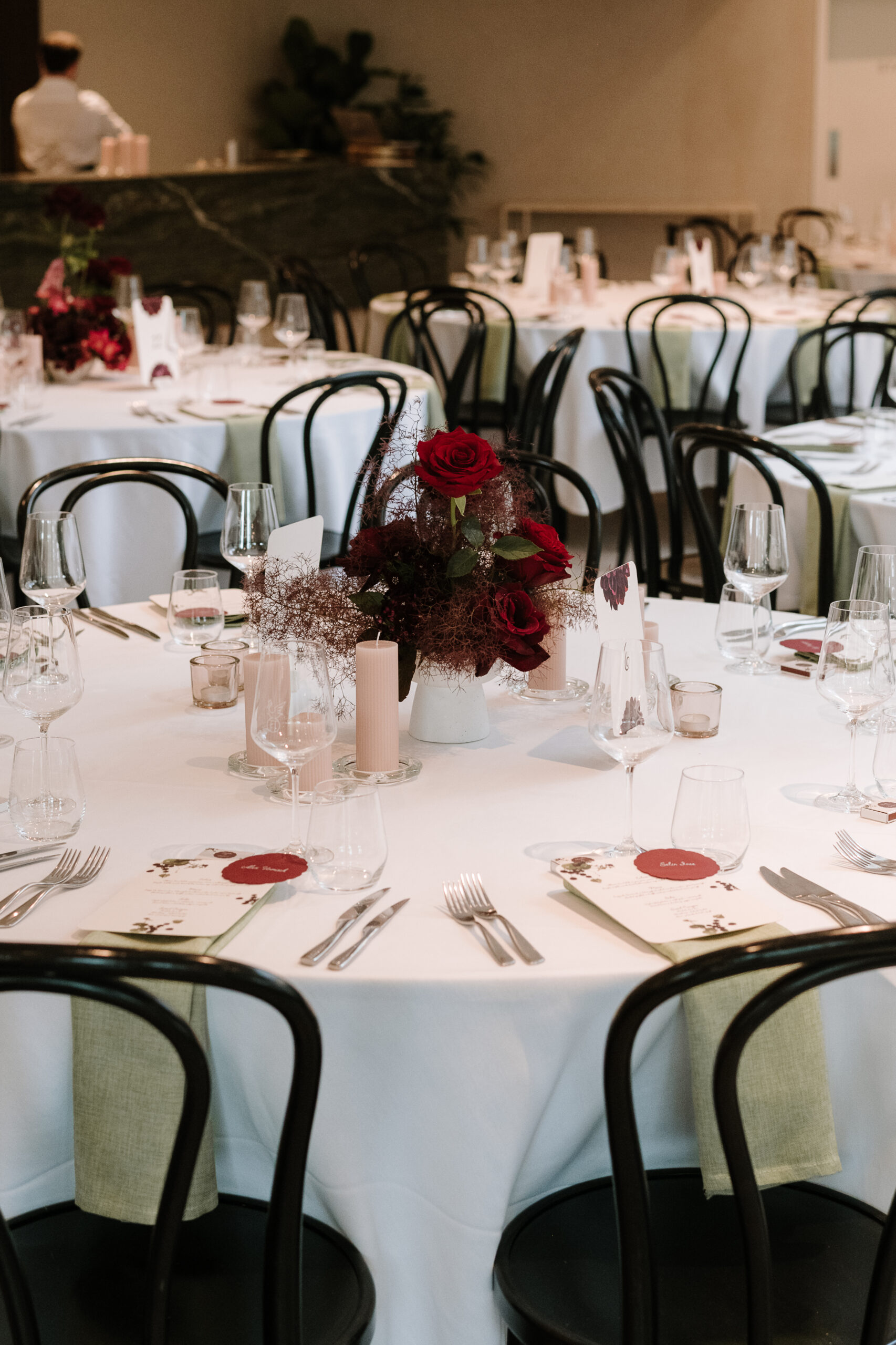 Elegant wedding table setting with custom floral menu for Sophia and Julian